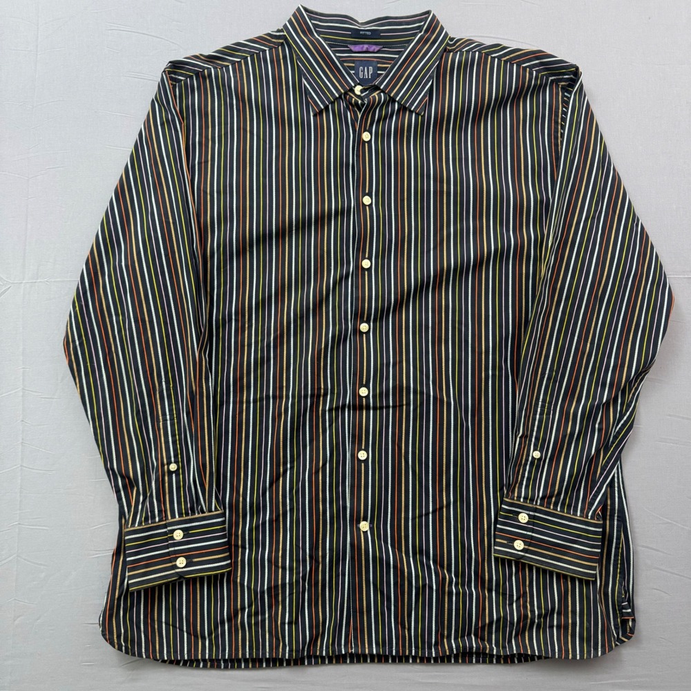 Gap Men XXL Fitted Button Down‎ Shirt Black Multi Color Stripe Long Sleeve